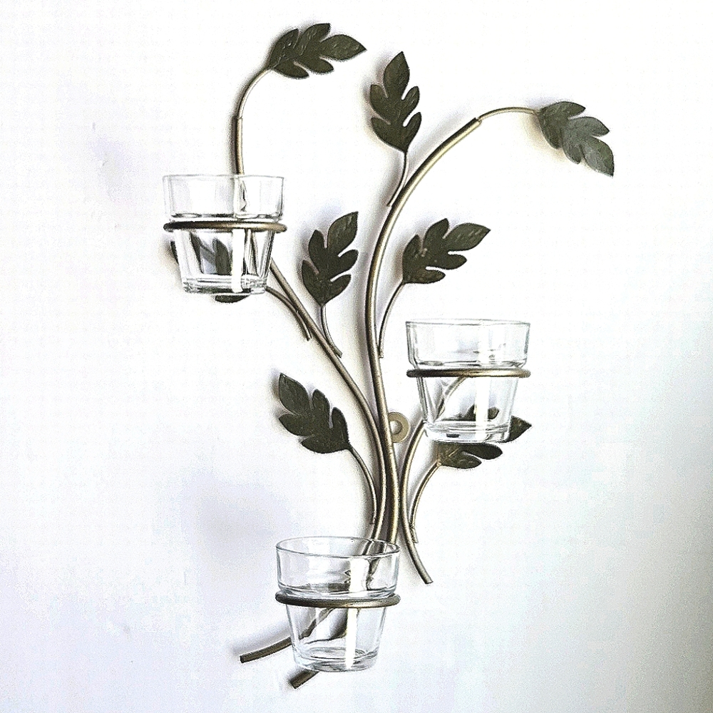 Metal Wall Sconce Botanical Vine 3-Candle Tealight Votive Holder Cottagecore